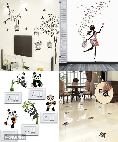 Ghar Kraft Set of 4 Wall Sticker Sb Panda | Free Bird Cage Brown | Dream Girl | Dream Girl | Dream Girl | Black with Golden Leaf Floor-thumb0