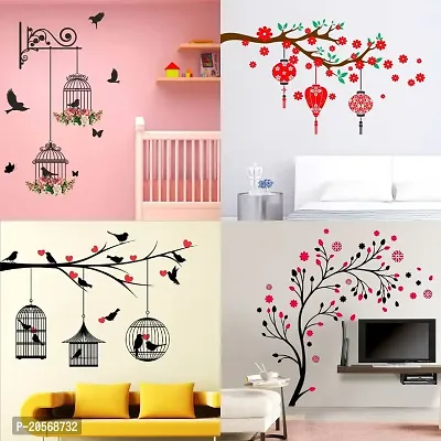 Ghar Kraft Set of 4 Combo Wall Stickers|Branches and Cages|Lovebirds  Hearts|Magical Tree|Red Flower  Lantern