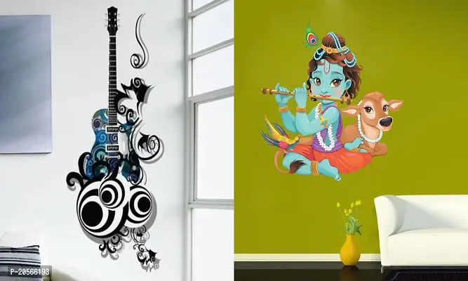 Ghar Kraft Set of 2 Wall Sticker Guitar and Lord Krishna Playing with Cow Wall Sticker