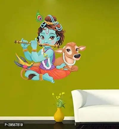 Ghar Kraft Set of 2 Wall Sticker Black with Golden Leaf Floor and Lord Krishna Playing with Cow Wall Sticker-thumb0