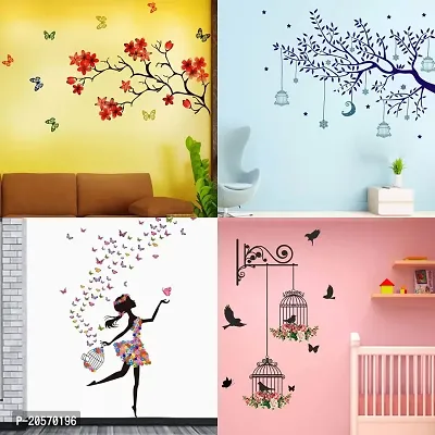 Ghar Kraft Set of 4 Combo Wall Stickers|Chinese Flower|Blue Tree Moon|Dreamy Girl|Branches and Cages|