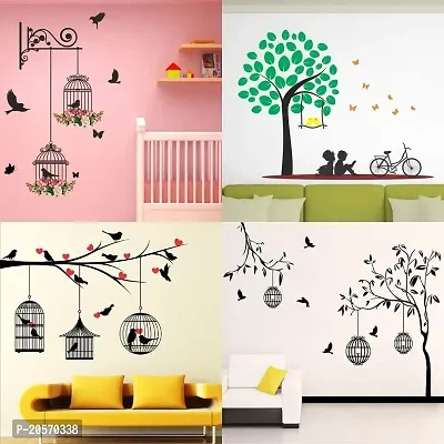 Ghar Kraft Set of 4 Combo Wall Stickers|Branches and Cages|Free Bird case Black|Kids Under Tree|Lovebirds  Hearts-thumb0