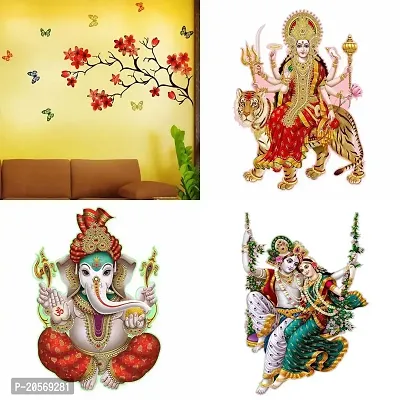 Ghar Kraft Set of 4 Combo Wall Stickers|Chinese Flower|Sherawali Maa|Ekdant|Radhamadhav Jhula