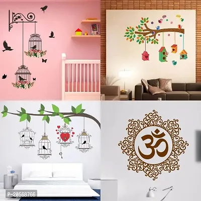 Ghar Kraft Set of 4 Combo Wall Stickers|Branches and Cages|Bird House Branch|Birdcase Key|Designer Om|