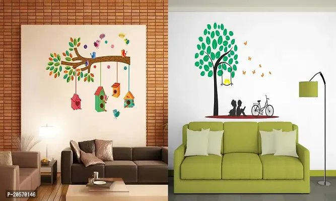 Ghar Kraft Set of 2 Wall Sticker Bird House On A Branch and Kids Under The Tree Wall Sticker