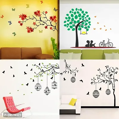 Ghar Kraft Set of 4 Combo Wall Stickers|Chinese Flower|Flying Birds  case|Free Bird case Black|Kids Under Tree