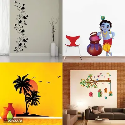 Ghar Kraft Set of 4 Multicolor Wall Sticker Bird Vine|Cute Bal Krishna Makhan Chor|Beach with Sunset|Bird House On A Branch Material - Vinyl