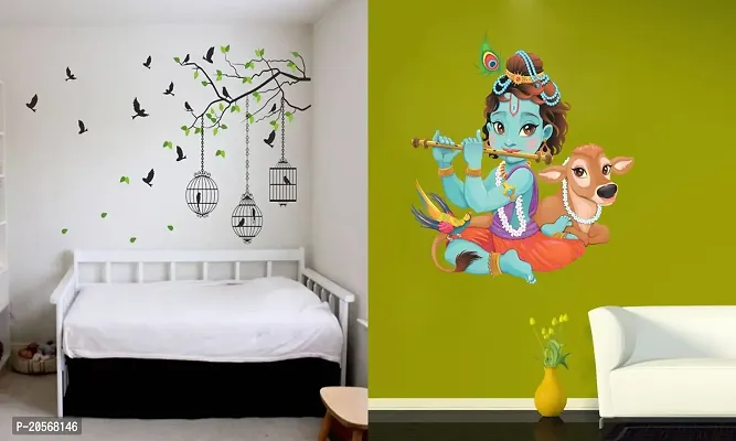 Ghar Kraft Set of 2 Wall Sticker Flying Bird with Cage and Lord Krishna Playing with Cow Wall Sticker