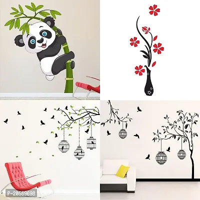 Ghar Kraft Set of 4 Combo Wall Stickers|Baby Panda|Flower Vase Red|Flying Birds  case|Free Bird case Black|