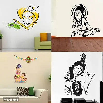 Ghar Kraft Set of 4 Combo Wall Stickers |Krishna|Krishna Black|Krishna Dahi Handi|Krishna with Cow