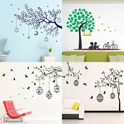 Ghar Kraft Set of 4 Combo Wall Stickers|Blue Tree Moon|Flying Birds  case|Free Bird case Black|Kids Under Tree