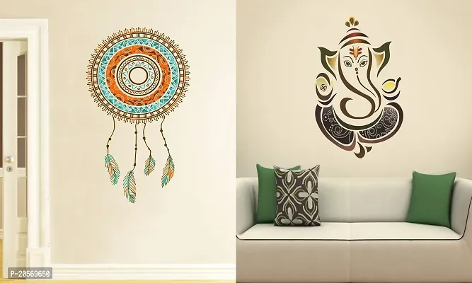 Ghar Kraft Set of 2 Wall Sticker Hand Drawn Dreamcatcher and Royal Ganesh Wall Sticker