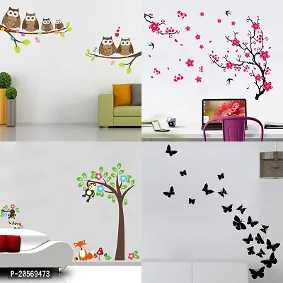 Ghar Kraft Set of 4 Combo Wall Stickers |Owl Family|Different Tree with Flower|Monkey Tree|Flying Butterfly