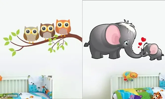 Ghar Kraft Combo Set of 2 Wall Stickers |Owl Family of 3|Mom and Kid Elephant