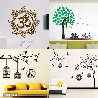 Ghar Kraft Set of 4 Combo Wall Stickers|Designer Om|Free Bird case Black|Kids Under Tree|Lovebirds  Hearts