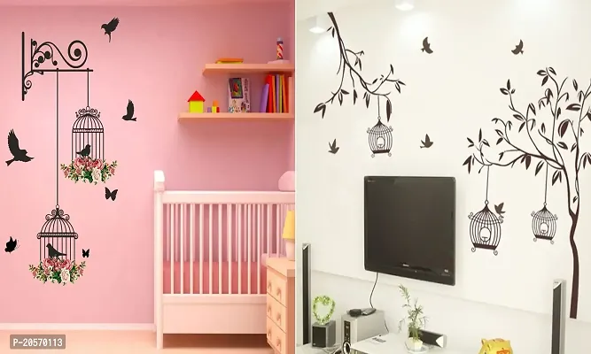 Ghar Kraft Set of 2 Wall Sticker Branches and Cages and Free Bird Cage Brown Wall Sticker