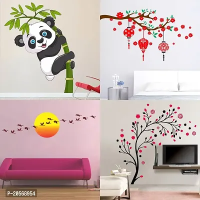 Ghar Kraft Set of 4 Combo Wall Stickers|Baby Panda|Magical Tree|Red Flower  Lantern|Sunrise  Flying Bird-thumb0