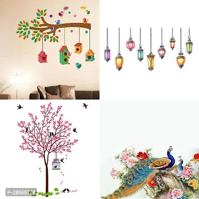 Ghar Kraft Set of 4 Combo Wall Stickers|Bird House Branch|Hanging Lamp|Pink Tree Bird  Nest|Royal Peacock|