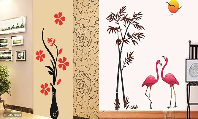 Ghar Kraft Set of 2 Wall Sticker Flower Vase Red and Sunset Swan Wall Sticker