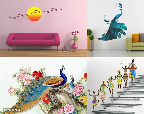 Ghar kraft Tribal Lady | Bird Sunset | Peacock Wall Sticker Set of 4 for Home D?cor/Walls/Livingroom/Hall