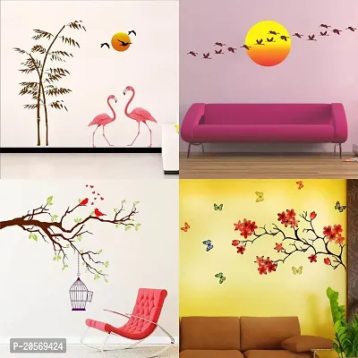 Ghar Kraft Set of 4 Combo Wall Stickers |Sunset Swan Love|Sunrise with Flying Bird|Two Red Singing Bird with Case|Chinese Flower-thumb0