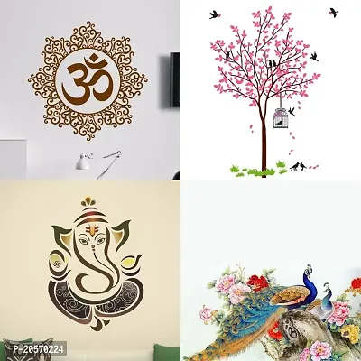 Ghar Kraft Set of 4 Combo Wall Stickers|Designer Om|Pink Tree Bird  Nest|Royal Ganesh|Royal Peacock|-thumb0