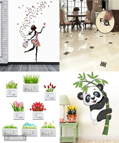 Ghar Kraft Set of 4 Wall Sticker Sb Flower | Dream Girl | Black with Golden Leaf Floor | Black with Golden Leaf Floor | Black with Golden Leaf Floor | Baby Panda