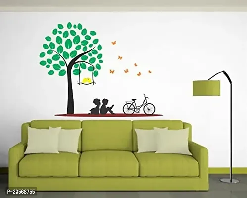 Ghar Kraft Set of 2 Wall Sticker Black with Golden Leaf Floor and Kids Under The Tree Wall Sticker