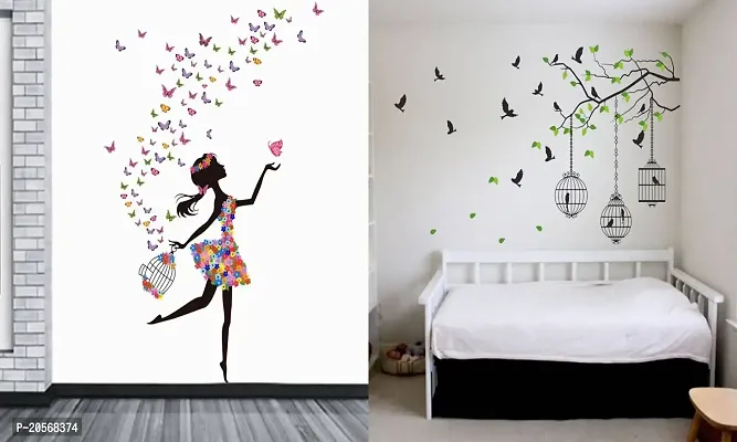 Ghar KraftSet of 2 Wall Sticker Dream Girl and Flying Bird with Cage Wall Sticker