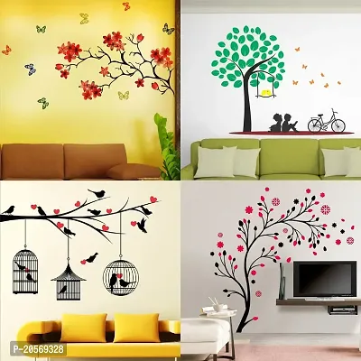 Ghar Kraft Set of 4 Combo Wall Stickers|Chinese Flower|Kids Under Tree|Lovebirds  Hearts|Magical Tree|