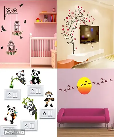 Ghar Kraft Set of 4 Vinyl Wall Sticker Sb Panda | Branches and Cages | Magical Tree | Magical Tree | Magical Tree | Sunrise with Flying Birds