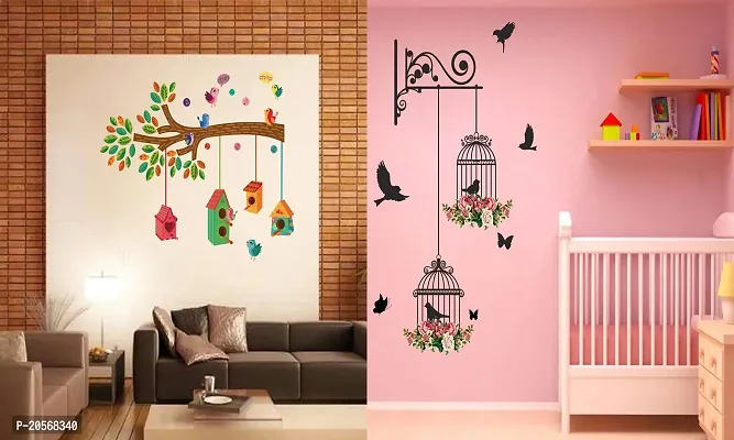 Ghar Kraft Set of 2 Wall Sticker Bird House On A Branch and Branches and Cages Wall Sticker