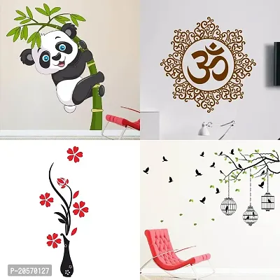 Ghar Kraft Set of 4 Combo Wall Stickers|Baby Panda|Designer Om|Flower Vase Red|Flying Birds  case