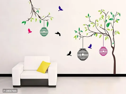 Ghar Kraft Bird with Tree  Cages Self Adhesive Wall Sticker for Hall, Living Room, Kids Room-thumb0