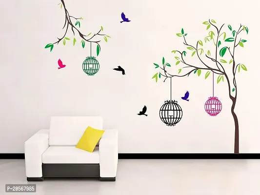 Ghar Kraft Bird with Tree  Cages Self Adhesive Wall Sticker for Hall, Living Room, Kids Room