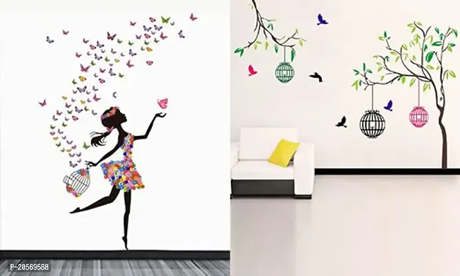 Ghar Kraft Combo Set of 2 Wall Stickers Dreamy Girl|Free Bird Case Color