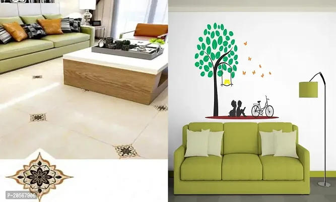 Ghar Kraft Set of 2 Wall Sticker Black with Golden Rangoli Floor Sticker Andkids Under The Tree Wall Sticker