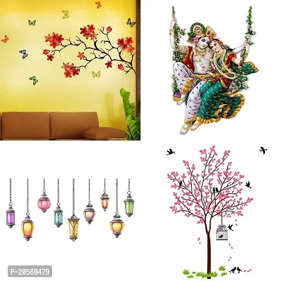 Ghar Kraft Set of 4 Combo Wall Stickers|Chinese Flower|Radhamadhav Jhula |Hanging Lamp|Pink Tree Bird  Nest-thumb0