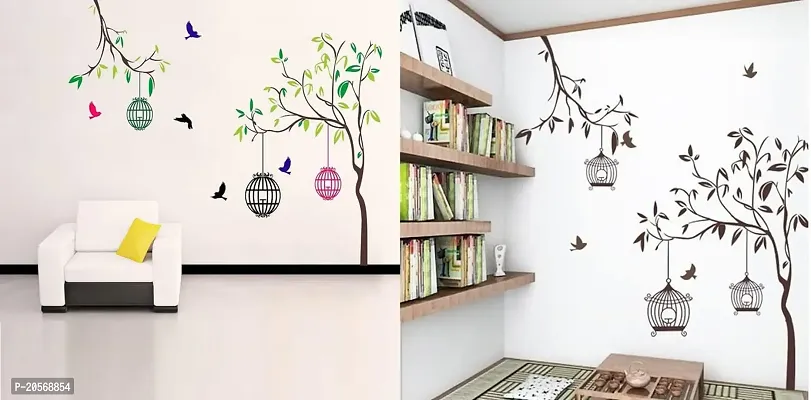 Ghar Kraft Set of 2 Free Bird Case Free Bird Cage Brown Self Adhesive Hall, Living Room, Kids Room Wall Sticker