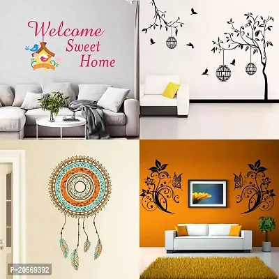 Ghar Kraft Set of 4 Combo Wall Stickers |Welcome Sweet Home|Free Bird Case Black|Hand Drawn Dreamcatcher|Decorative Florals