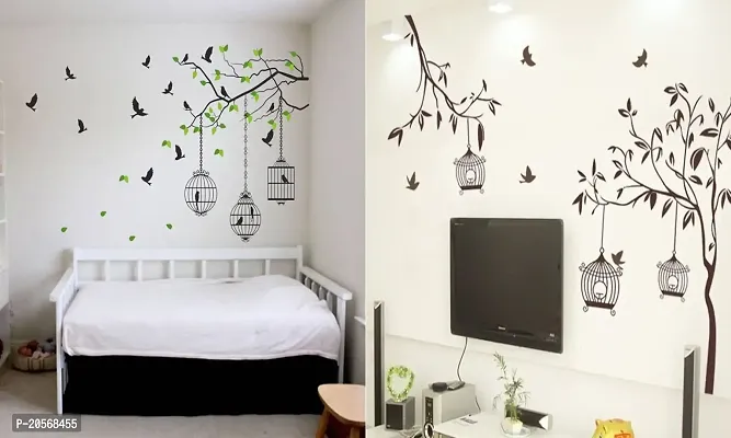 Ghar Kraft Set of 2 Wall Sticker Flying Bird with Cage and Free Bird Cage Brown Wall Sticker