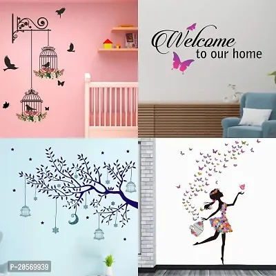 Ghar Kraft Set of 4 Combo Wall Stickers|Branches and Cages|Welcome Home Butterfly|Blue Tree Moon|Dreamy Girl|-thumb0