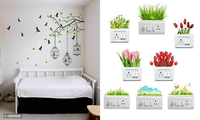 Ghar Kraft Set of 2 Wall Sticker Flying Bird with Cage and Sb Flower Wall Sticker-thumb0