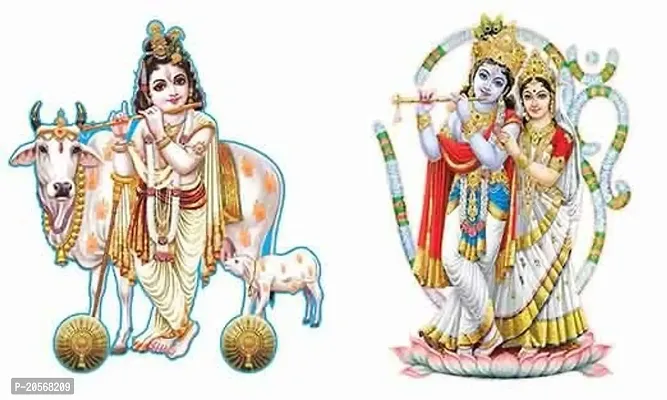 Ghar Kraft Combo Set of 2 Wall Stickers Kunj Bihari with Cow|Radha Krishna with Om-thumb0