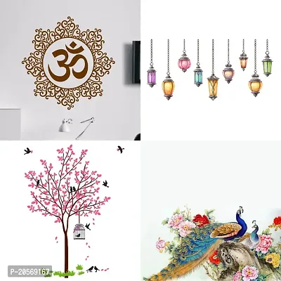 Ghar Kraft Set of 4 Combo Wall Stickers|Designer Om|Hanging Lamp|Pink Tree Bird  Nest|Royal Peacock|-thumb0