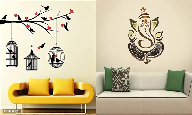 Ghar Kraft Set of 2 Wall Sticker Love Birds with Hearts and Royal Ganesh Wall Sticker