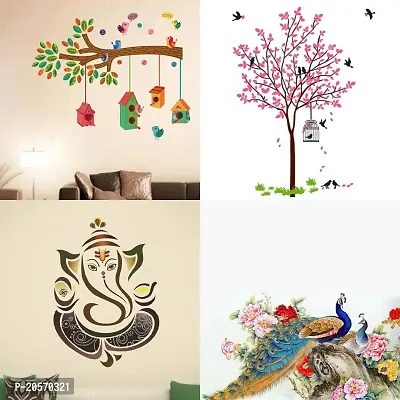 Ghar Kraft Set of 4 Combo Wall Stickers|Bird House Branch|Pink Tree Bird  Nest|Royal Ganesh|Royal Peacock|