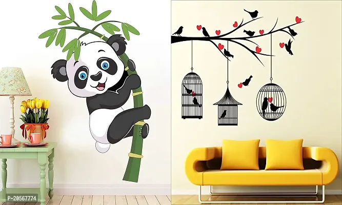 Ghar Kraft Set of 2 Wall Sticker Baby Panda and Love Birds with Hearts Wall Sticker