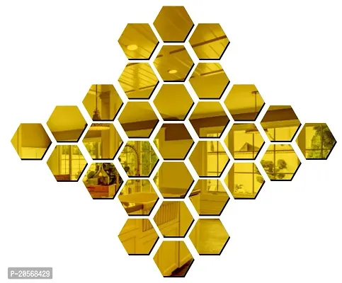 Ghar Kraft Hexagon 31 Golden 3D Mirror Acrylic Wall Sticker | Wall Decals for Home, Living Room, Bedroom Decoration