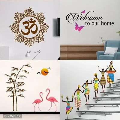 Ghar Kraft Set of 4 Combo Wall Stickers|Designer Om|Sunset swan Love|Tribal Lady|Welcome Home Butterfly|